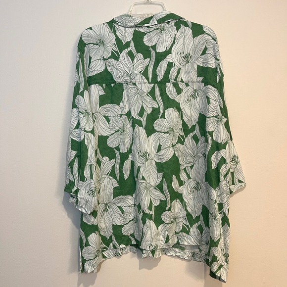 Tahari Blouse 100% Linen Flax Popover Shirt Green White Floral Plus Size 2X - Picture 3 of 5